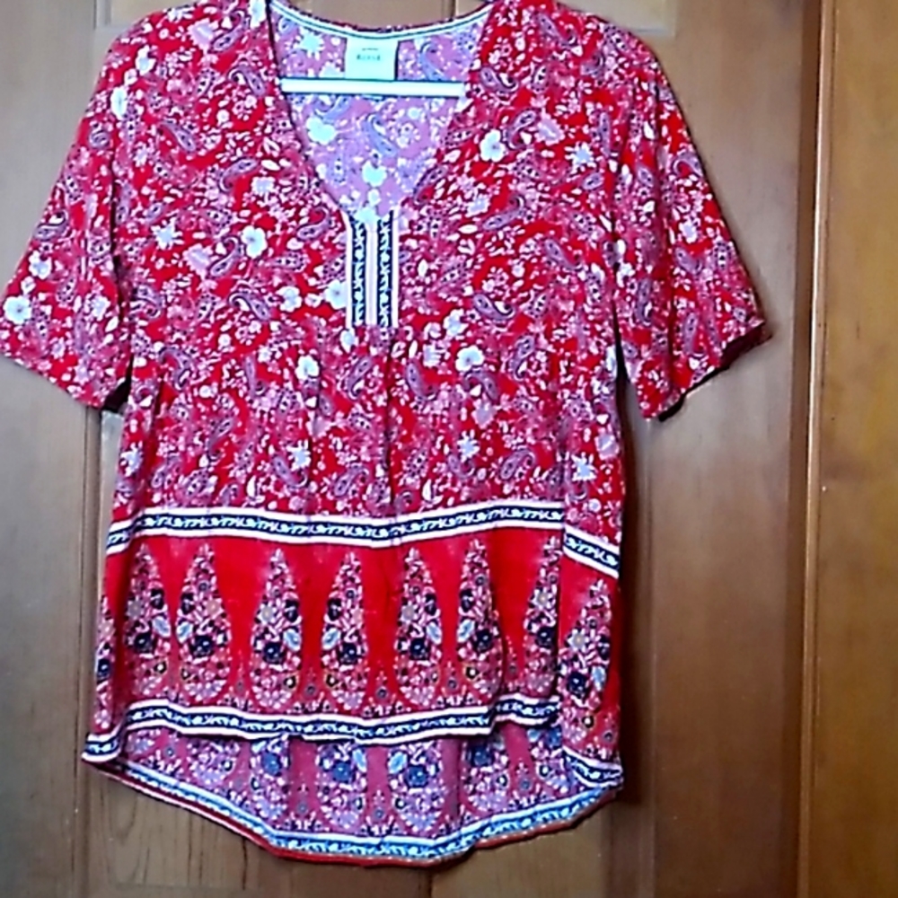 Pink Rose Boho Red Paisley Top Size S